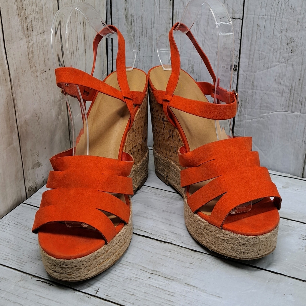 BKE D♡ Wmn 9M Orange Suede Leather Ankle Strap Peep Toe Espadrille Wedge Sandals